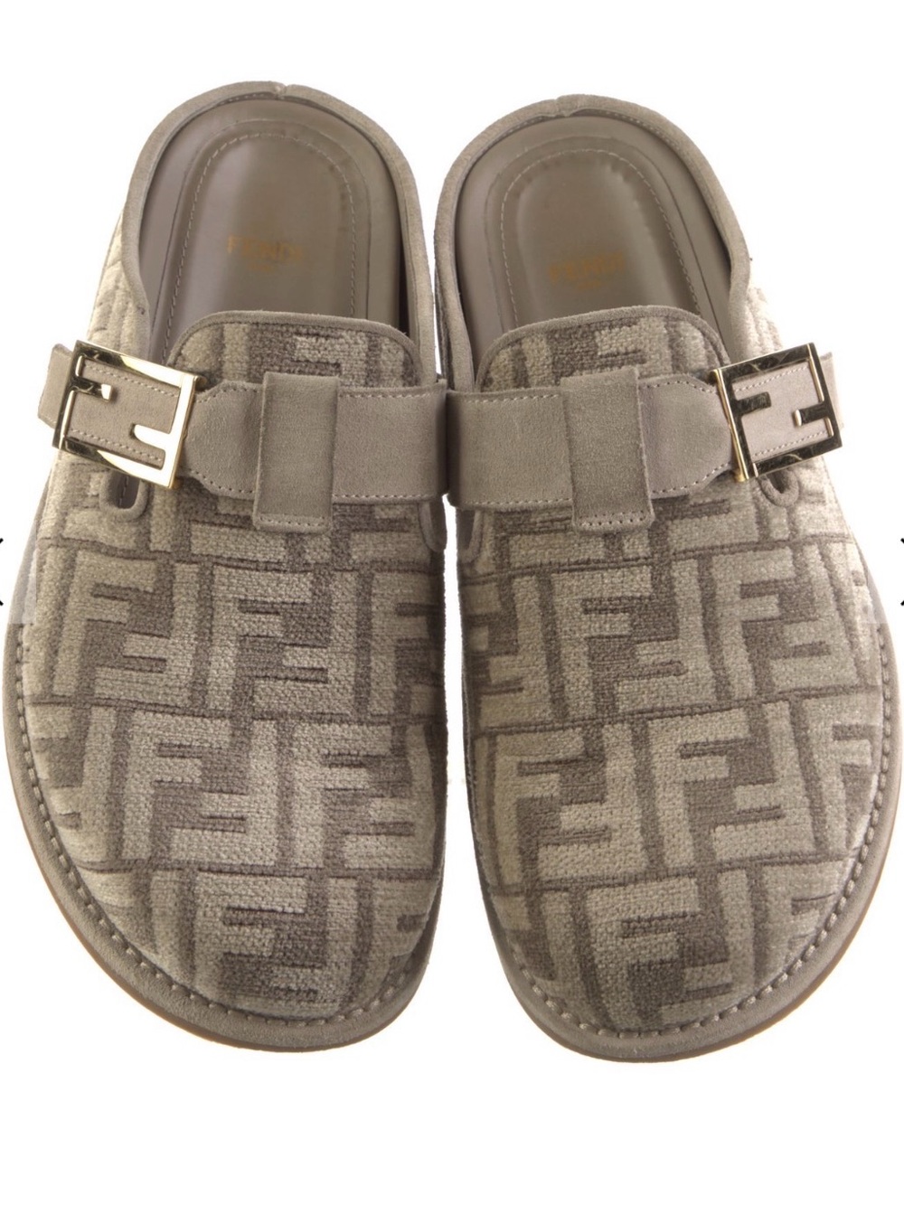 Fendi Gray Monogram Velvet Mules with Gold Buckle